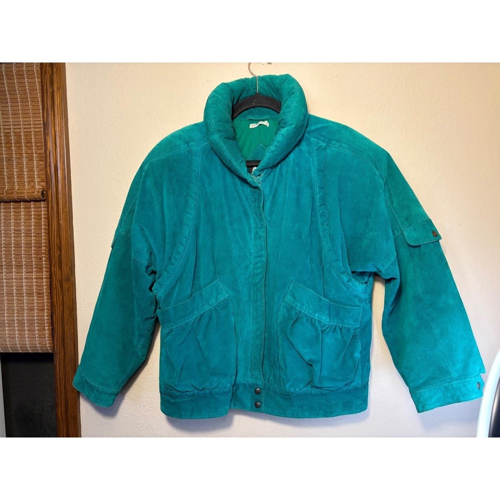 Vintage Avanti Teal Green Suede Leather Jacket Oversized Collar 80s Bomber Large